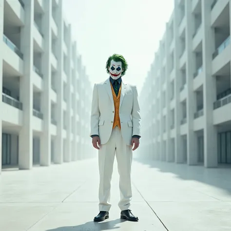 Image of the joker clown standing in a square, all in white, looking at the 