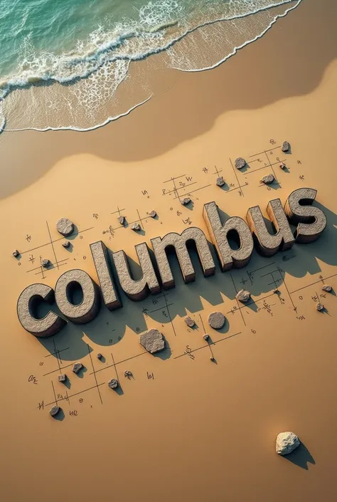  a picture of a beach from above and with the phrase “Columbus” as if made of stone, and with mathematical symbols  