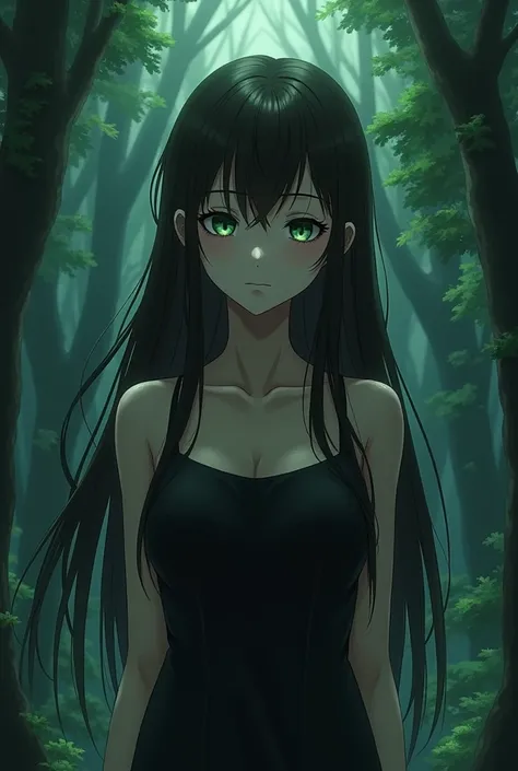  Japanese Anime , female,  dark forest ,  brunette ,  long hair,  unfocused eyes , dead eyes,  green eyes, brainwashing,  black dress , colorful dress, masterpiece,  top grade, High definition,