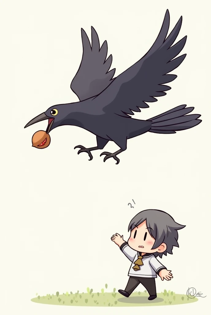 3: Kuro brings Kaito gifts*
- Image prompt: A whimsical illustration of Kuro flying in with a small gift (e.g., a seed, nut, or shiny object) in its beak, with Kaito smiling and welcoming the crow in the background.