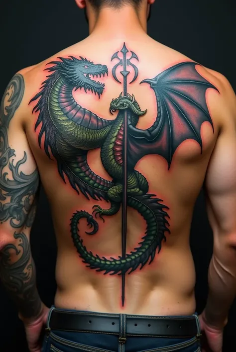 A tattoo of a metallic dragon on the top left back shoulder and a chromatic dragon on the bottom right of his back in-between them a symbol of the dragon slayer organization and dragon claws tattooed on both hands left hand a chromatic dragon claw on the r...