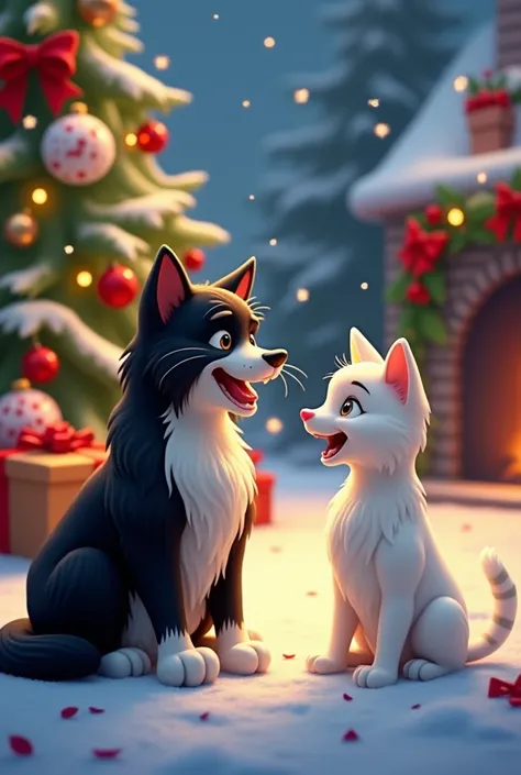 hi ai!  I want a Disney-themed picture with a black and white long-haired cat and a black labrador and a white cat with gray spots on a Christmas background.