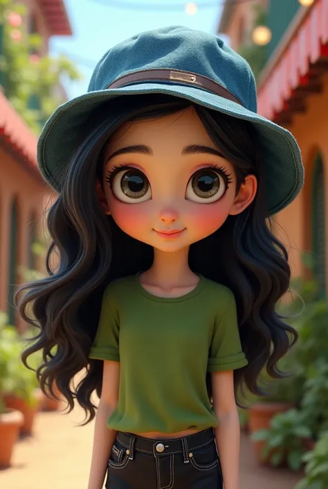 Female Disney Pixar character with white skin, big eyes, long eyelashes, long wavy black hair wearing a denim hat, black pants and green top.