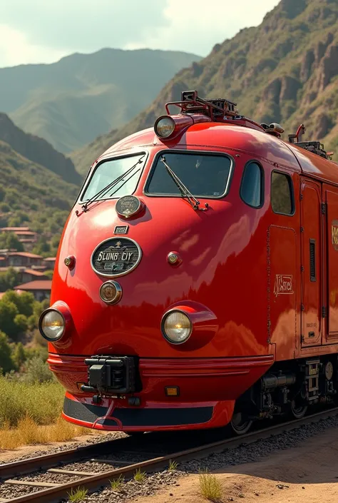 Not-so-futuristic red-colored train in Peru Cajamarca 