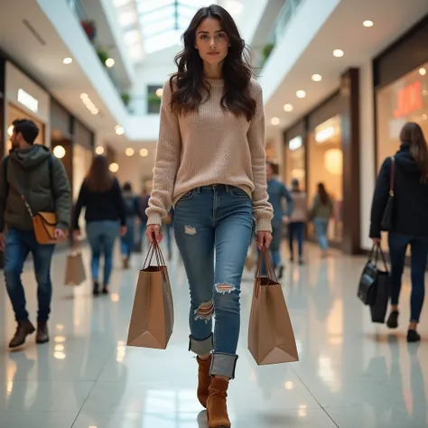 an athletic brunette wearing jeans and a sexy pair of velvet boots with a heel. she is wearing a sweater and casually walking in a shopping mall. carrying shopping bags.