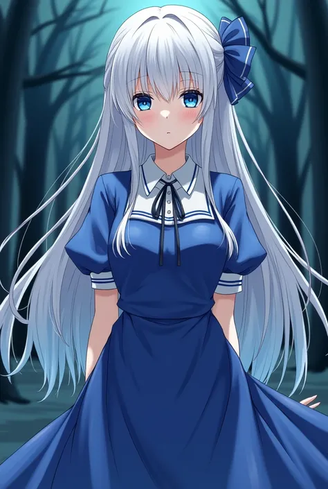  Japanese Anime , female,  dark forest ,  middle school student, White hair,  long hair,  blue eyes on Adobe, brainwashing, blue dress , Blue dress , colorful dress,  party hall , masterpiece,  top grade, High definition, 