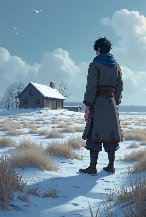 Kaitos crops fail, and he struggles to feed his family*
- Image prompt: A somber and dramatic scene of Kaito standing in a barren, snow-covered field, with a worried expression, and his familys small farmhouse in the background