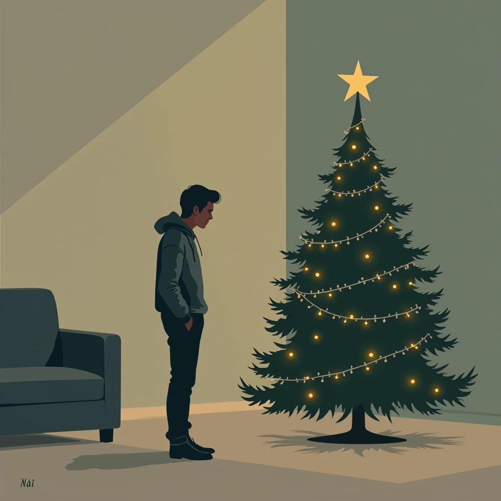 vector illustration, sad person looking at chistmas tree, flat colors, solid colors