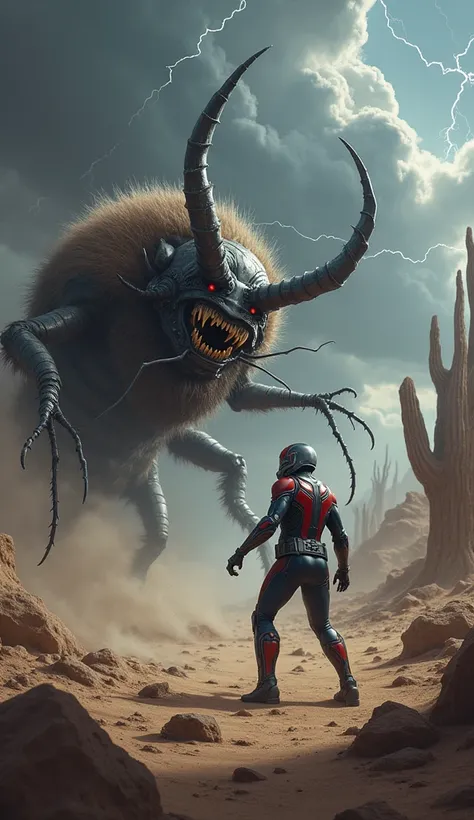 Create a highly detailed scene where an angry Horned Beetle and a superhero Ant-Man face each other in a tense, combative standoff. The Horned Beetle  should have a ferocious snarl with its mane bristling, The background should be, stormy battlefield with ...