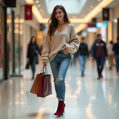 an athletic brunette wearing jeans and a sexy pair of velvet boots with a heel. she is wearing a sweater and casually walking in a shopping mall. carrying shopping bags. she is smiling and looking sideways at the camera. dynamic pose