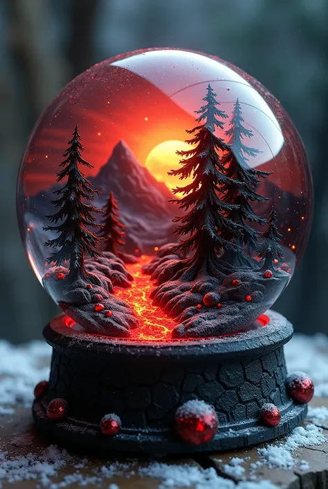  A Christmas snowball with an infernal twist .  Instead of snow ,  inside the globe there are red flames and dark smoke that swirl like a storm .  The landscape inside is hellish ,  with rivers of bright lava ,  twisted black trees , and dark mountains .  ...