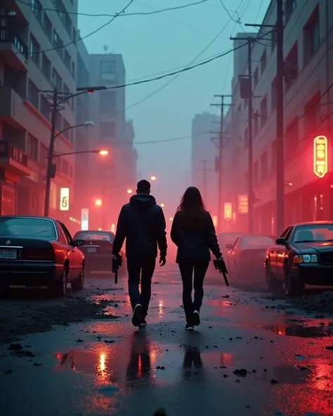  Realistic cinematic frame of :

    "A ruined main street ,  with overturned cars and an environment of faint smoke and neon . Two young Latinos , dressed in black,  walk through the chaos with laser tag guns burning in their hands."