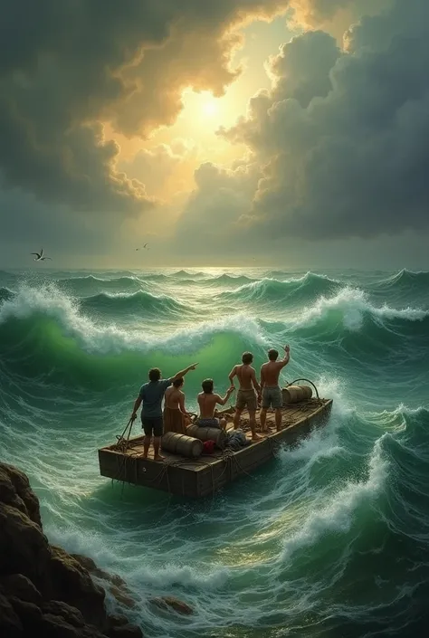 "Create a highly detailed and atmospheric painting in the Romantic style, portraying a dramatic seascape with a small, fragile raft adrift in a vast, stormy ocean. The scene should convey the overwhelming power of nature and the desperate struggle of the s...