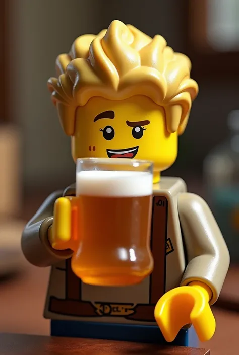 en mode LEGO : une jeune homme blond aux cheveux courts qui boit une bière comme un LEGO