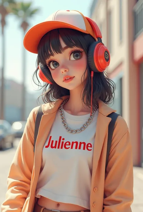 Une jolie demoiselle portant un casque audio et une casquette, portant le nom julienne sur son habit 