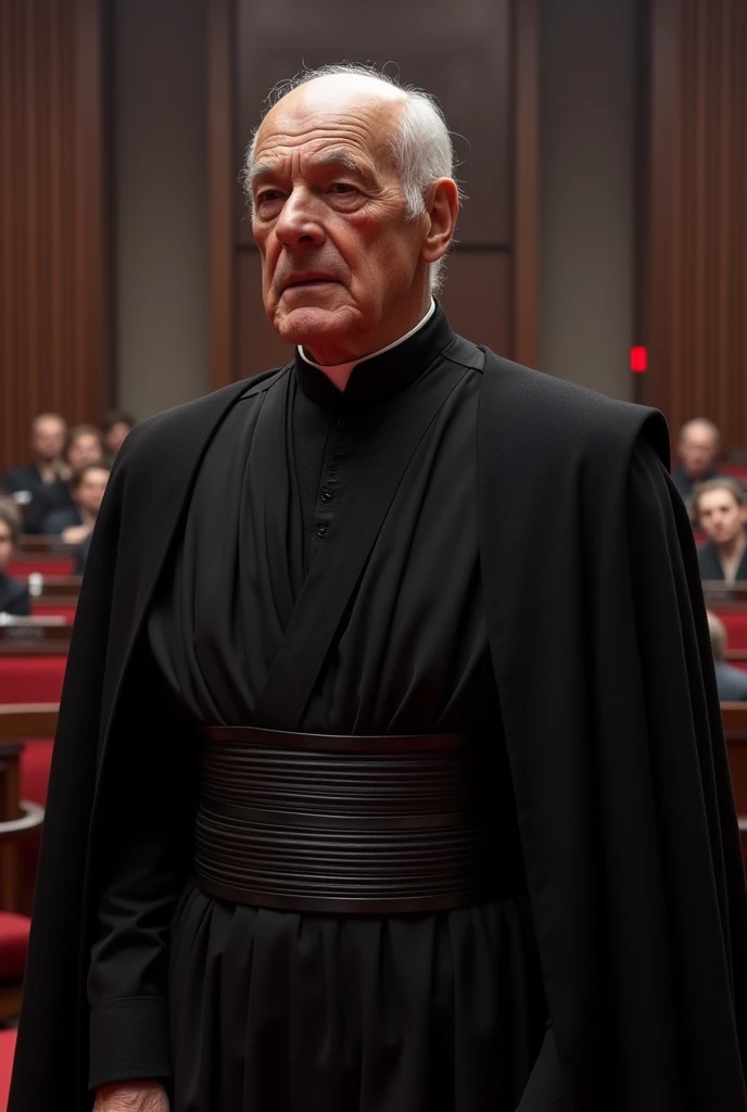 Create an image of Emperor Palpatine in the Galactic Senate, looking thoughtful and slightly frustrated as he contemplates his next move after losing Anakin Skywalker. The background should resemble the interior of the Senate chamber, with an atmosphere of...