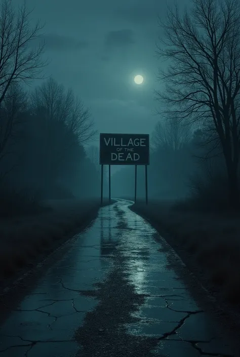 A dark and abandoned road at night ,  with a Village of the Dead sign in the background.