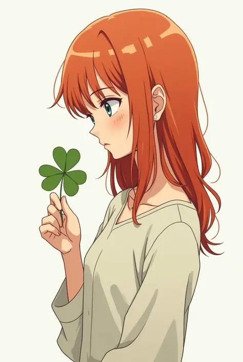 Create an image of a female anime character holding a four-leaf clover with a sad face: she has to be in front of her, her hair has to be red and the background has to be totally white. 