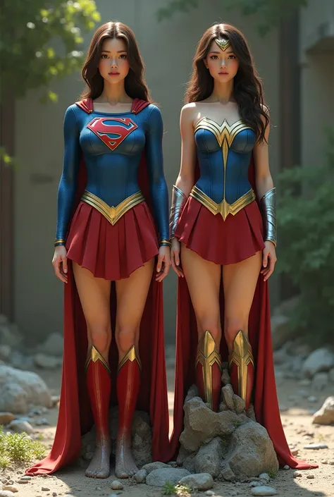 live-action、 real engine 、  2 cute Japanese superheroines  、  supergirl on the right   、   Wonder Woman on the left  、  smile、   Muscular、     cute Japanese supergirl in her 20s 、Her feet are in stone 、 (  unrealistic)、(   Supergirls perfect costume   、   ...