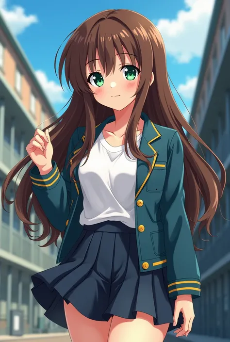  Japanese Anime , 2D, Yu-Gi-Oh, female, High school student,  brunette ,  long hair,  green eyes,  Casual Fashion , masterpiece,  top grade, High definition, seamlessly