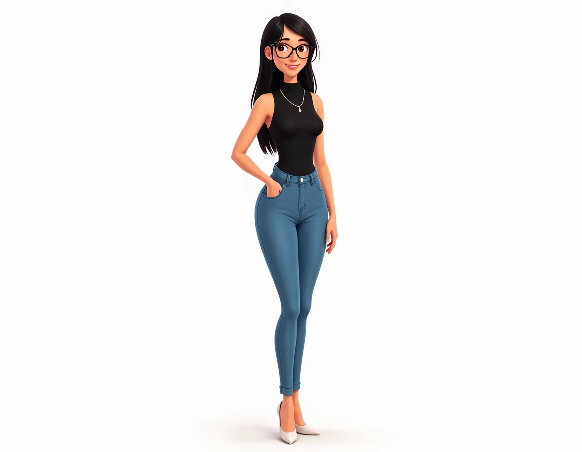  Create a Disney-Pixar-style cartoon of a thin white woman,  straight hair,  long hair,  black hair,  brown-eyed ,  brown-eyed , with glasses,  slightly forward teeth ,  full body, black blouse, turtleneck blouse,  sleeveless blouse , long necklace ,  jean...