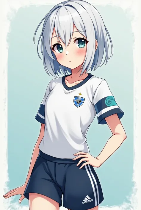  Japanese Anime , 2D, female,  middle school student, White hair,  short haired ,  blue eyes on Adobe, masterpiece,  top grade, High definition, seamlessly,  Casual Fashion , Soccer club 매니저, Soccer club