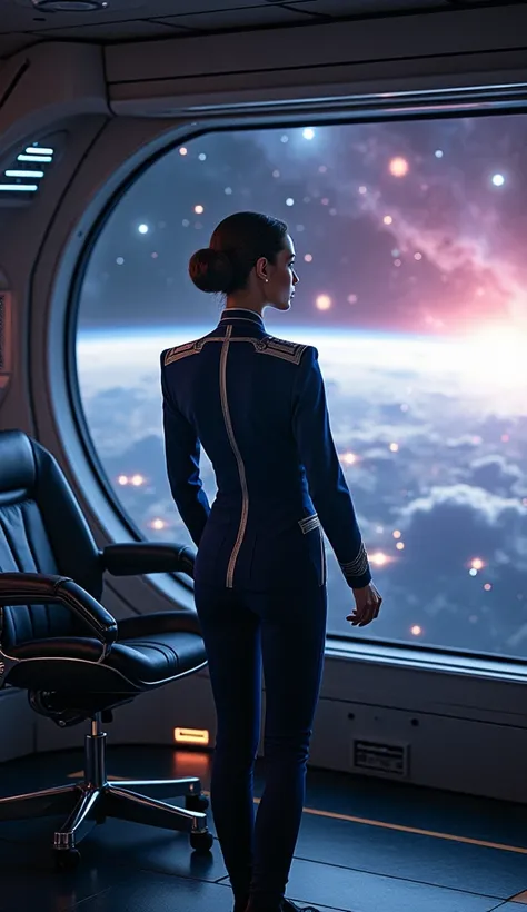 An elegant space ship commander standing with confidence and poise at the helm of a futuristic bridge. Dressed in a tailored, midnight blue uniform adorned with gleaming silver accents, the commanders back is towards the viewer, emphasizing their strong po...