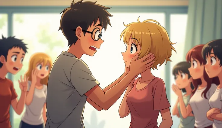 Anime-style illustration, A blonde girl with smirk on her face playfully teases boy by touching him,  a shy muscular tall boy with large round glasses by holding his face, while several characters in the background blush and react with exaggerated expressi...