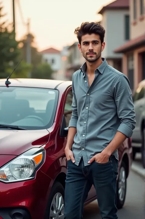 26 year old young man,  dark brown hair , With a Nissan Versa Guinda