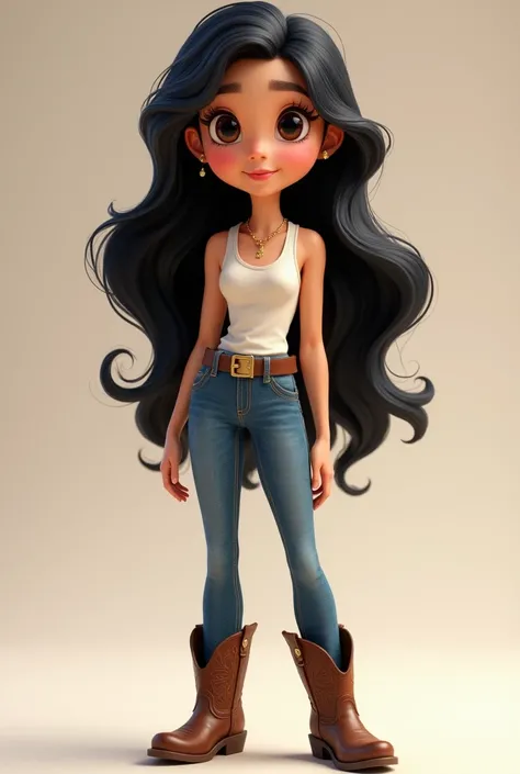  Female Disney Pixar character with white skin big eyes long eyelashes long black hair long wavy denim pants with belt ,white top ,gold necklace and cowboy boots  