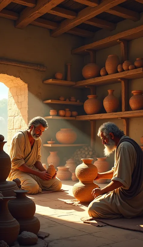 A Ugaritian pottery workshop, with craftsmen shaping clay vessels, heating the pots in ancient kilns, and finished pieces on display.