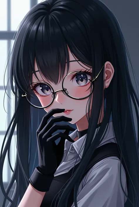 Anime girl with long black hair with glasses and a glove