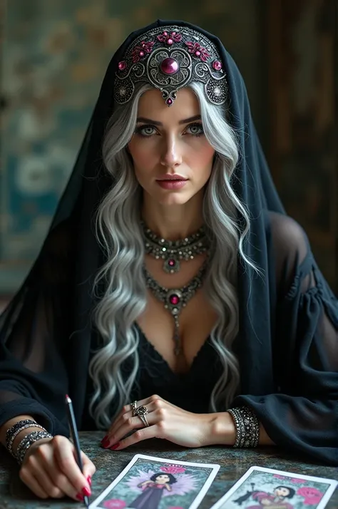  A woman with elaborate jewelry and makeup , dressed in black,  sits at the table with tarot cards .  she has long hair , wavy, Silver-gray ,  and is wearing a black covering on her head adorned with silver and pink details.  A very old background decorati...