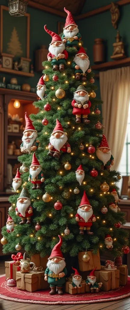 A photo of a Christmas tree with pure gnomes as ornaments. The tree is placed in a room with wooden furniture. There are gnomes of various sizes, wearing different outfits. Some are sitting on the ground around the tree. The room has a rustic charm.