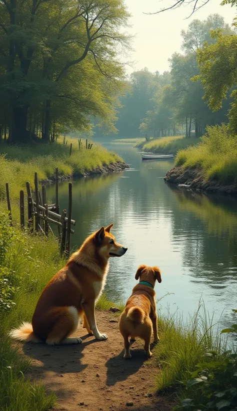 ** “Create a dramatic image set in a tranquil farm setting ,  next to a riverbed . In the center of the scene,  two dogs are in an apparently peaceful moment :  an adult female dog ,  with an attentive and protective expression , And your puppy , playful a...