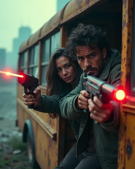  Realistic cinematic frame of :

    "Two Latin figures ,  A man and a woman , hiding behind a rusty bus in an apocalyptic city while holding laser tag guns with red lights on.  Smoke and laser flashes fill the air ."