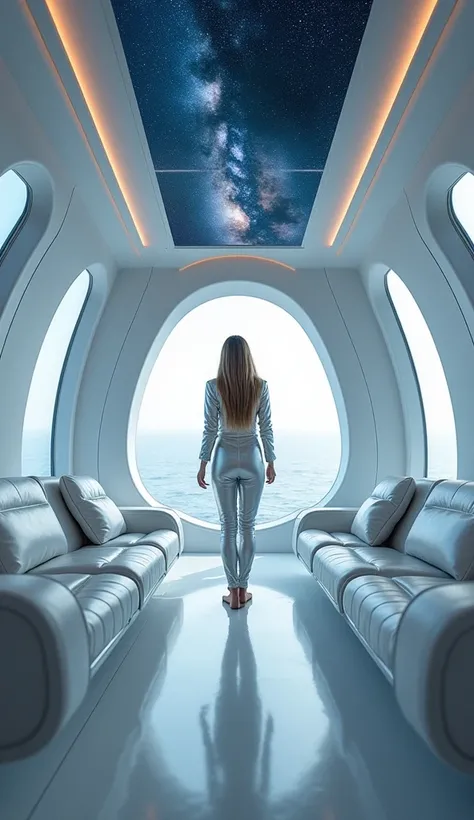  Passenger spaceship cabin ,  woman in elegant silver jumpsuit soars in zero gravity,  large panoramic windows overlooking the Milky Way ,  minimalist interior with white streamlined shapes , floating holographic screens , Atmospheric illumination