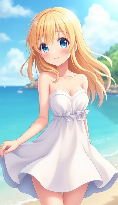 Anime girl cute strapless dress smile blonde hair blue eyes miniskirt breeze prettybackground for phone wallpaper