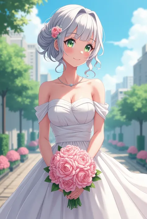  adult girl with wavy silver hair in a tied bun ,  with two locks on the sides ,  pale green eyes , pale skin, curled eyelashes ,  with a white satin wedding dress with slipped sleeves that reveal his shoulders ,  wrapped around her waist and hips and fall...