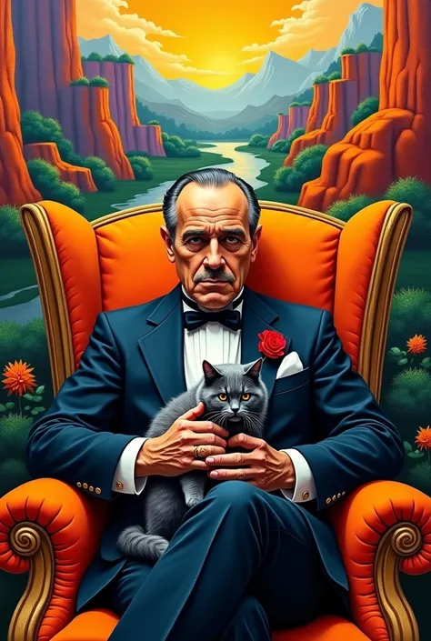 "Create a vibrant and expressive painting in a colorful, semi-abstract style, inspired by the aesthetic of Armenian landscapes, but reimagined to feature an iconic scene from *The Godfather*. The central figure is Don Vito Corleone, seated in a grand, orna...