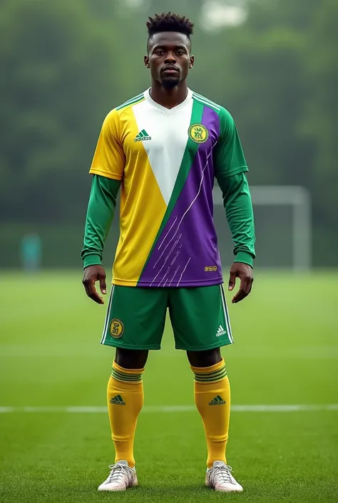 Soccer uniform that perfectly matches the colors green, yellow, white and purple 