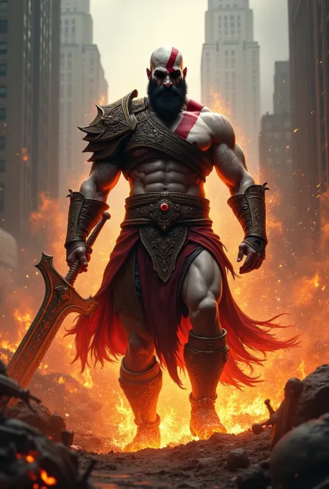  kratos In this epic depiction ,  The God of War ,  an imposing and formidable figure , It stands at the forefront of a chaotic battlefield in front of the Empire States of New York.  His presence is both imposing and terrifying ,  while wielding a colossa...