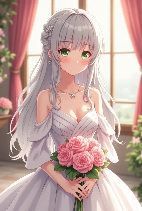 Adult girl with wavy silver hair with two locks on the sides ,  pale green eyes , pale skin, curled eyelashes ,  with a white satin wedding dress with slipped sleeves that reveal his shoulders ,  wrapped around her waist and hips and falling to cover her l...