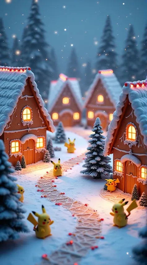 A picturesque winter wonderland scene featuring a charming village made entirely of gingerbread houses. small pikachus The houses are intricately decorated with icing, candy canes, gumdrops, and glowing windows emitting a warm, golden light. Snow blankets ...