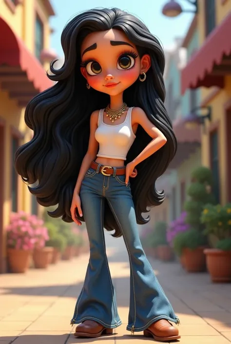 Female Disney Pixar character with white skin, big eyes, very long eyelashes, long wavy black hair with flared denim pants with belt,white top, gold necklace and cowboy boots  