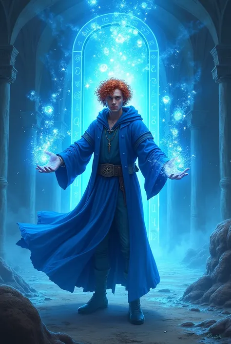 
blue wizard man, red curly hair freckles, blue clothing and hood covering his face channeling blue power in a timeless blue setting with a portol atars