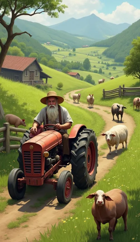 An elderly man with a white beard and a straw hat riding a tractor on a farm full of animals