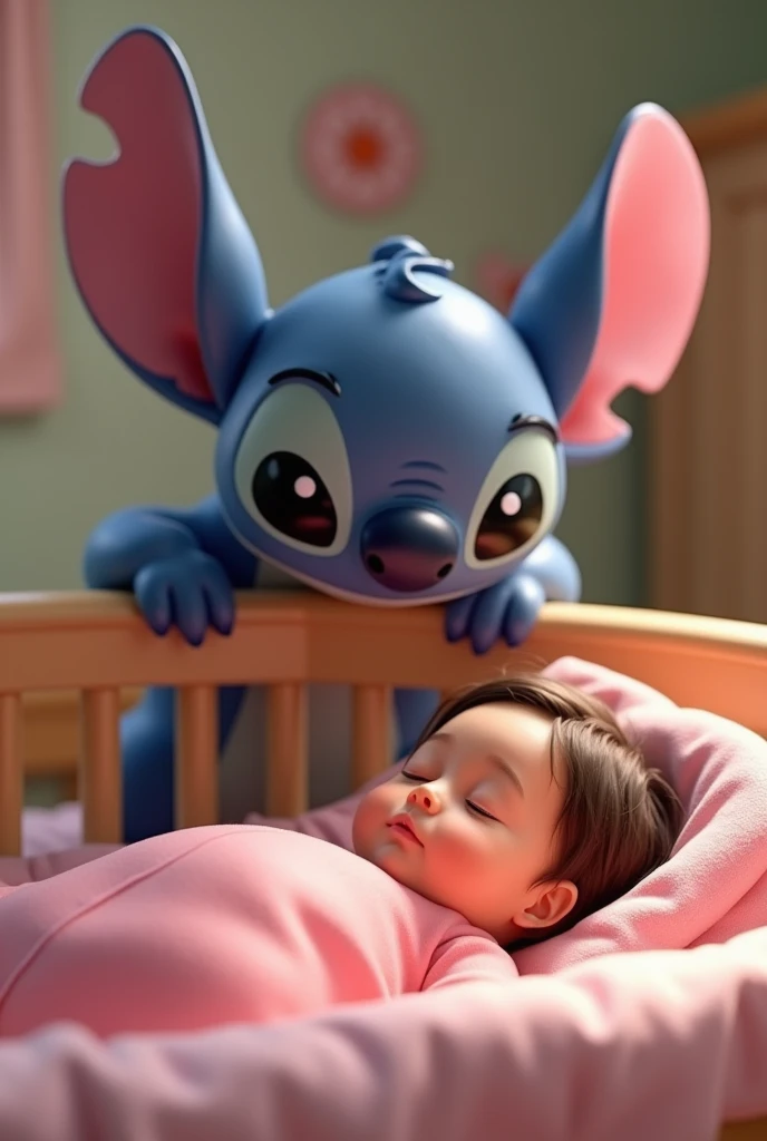 Stitch surveillant un berceau dans lequel se trouve un bebe habillé en rose. 