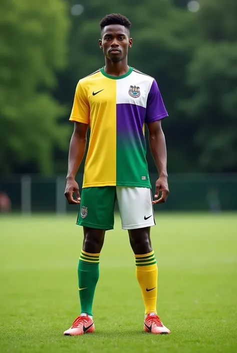 Soccer uniform that perfectly matches the colors green, yellow, white and purple