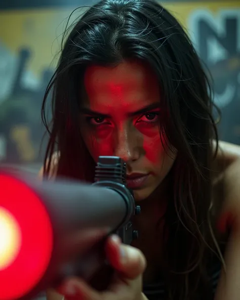  Realistic cinematic frame of :

    " A very close up shot of a sweaty Latin woman with a laser tag gun with a red light coming out of the barrel, playing in a laser tag arena with the graffiti walls , hiding with intense expression and the reflection of ...